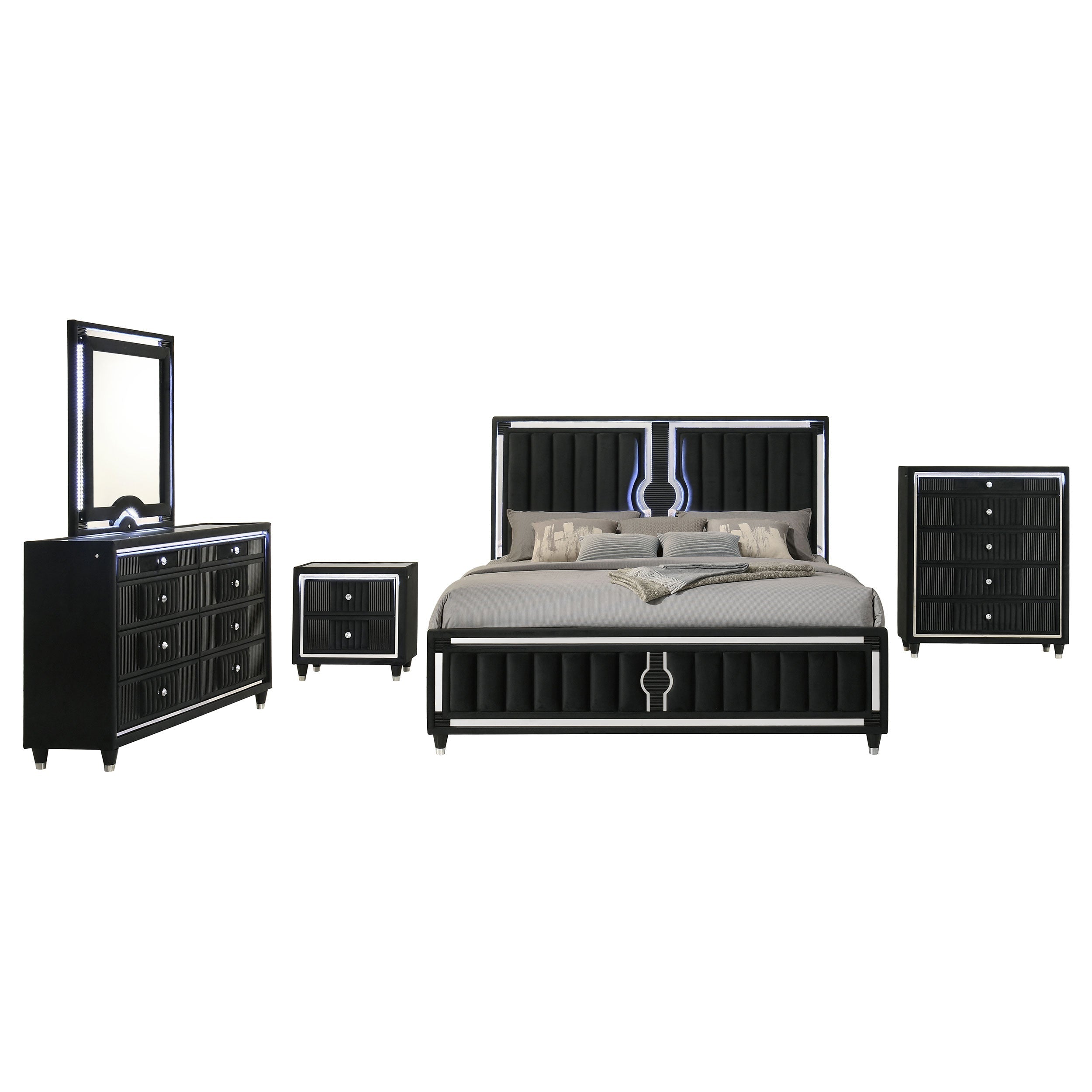 Ravenne 4-piece Velvet Upholstered Eastern King LED Bedroom Set Black