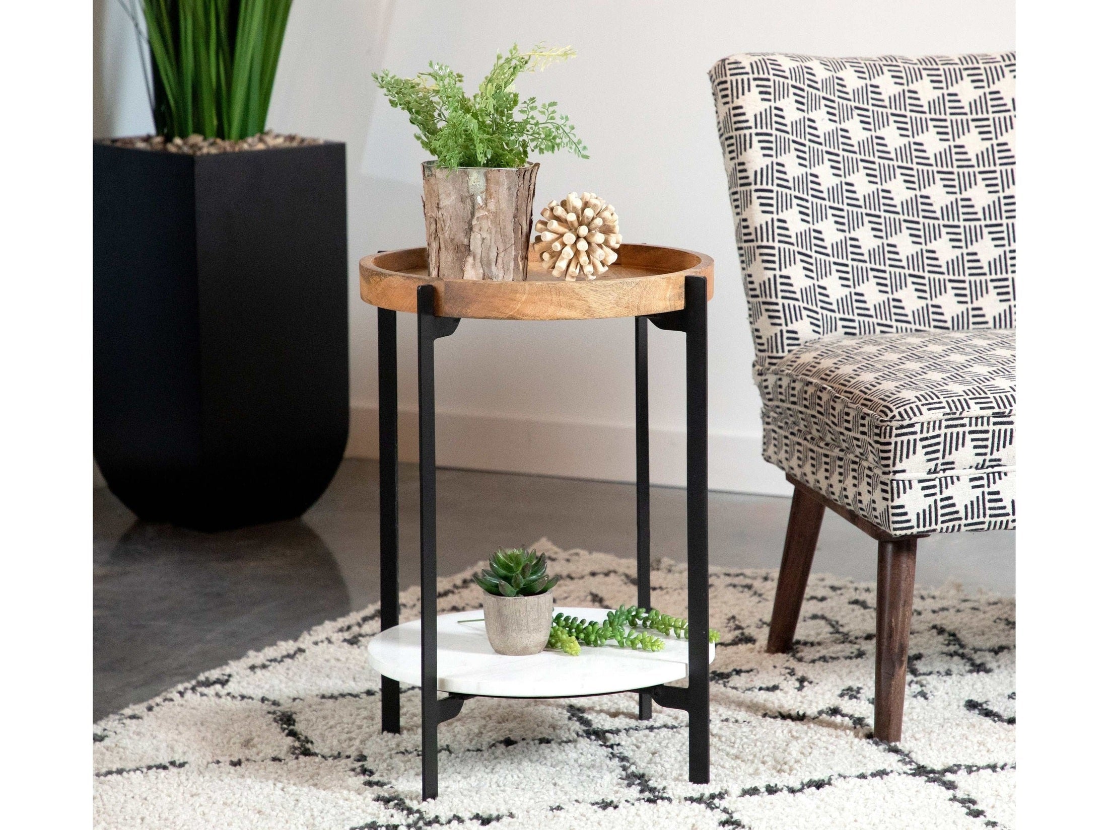 Adhvik Round End Side Table Marble Shelf Natural and Black