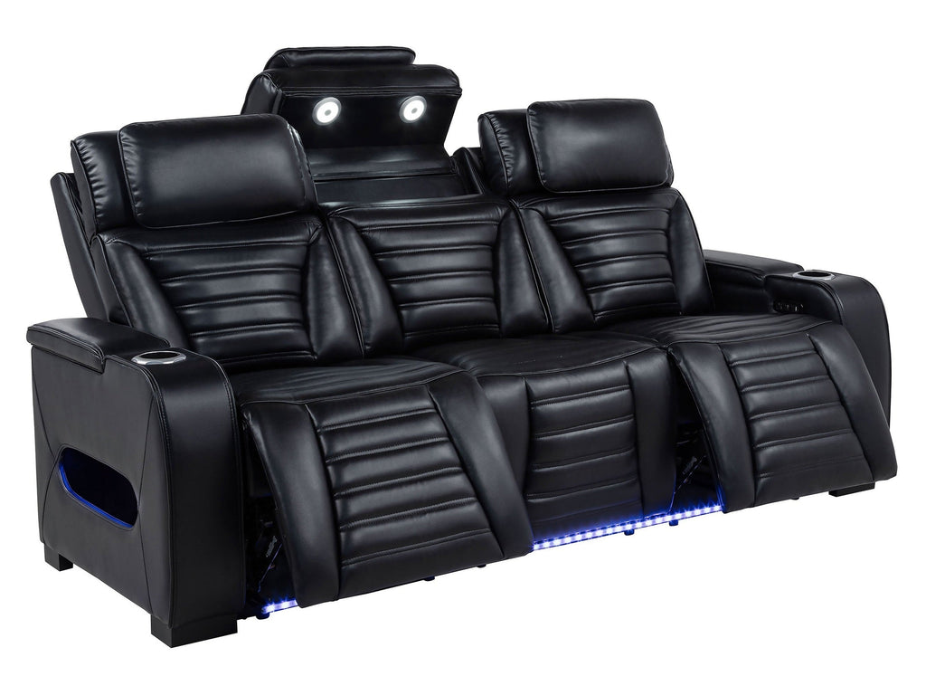 Zuma Faux Leather Dual Power Reclining LED Sofa Black