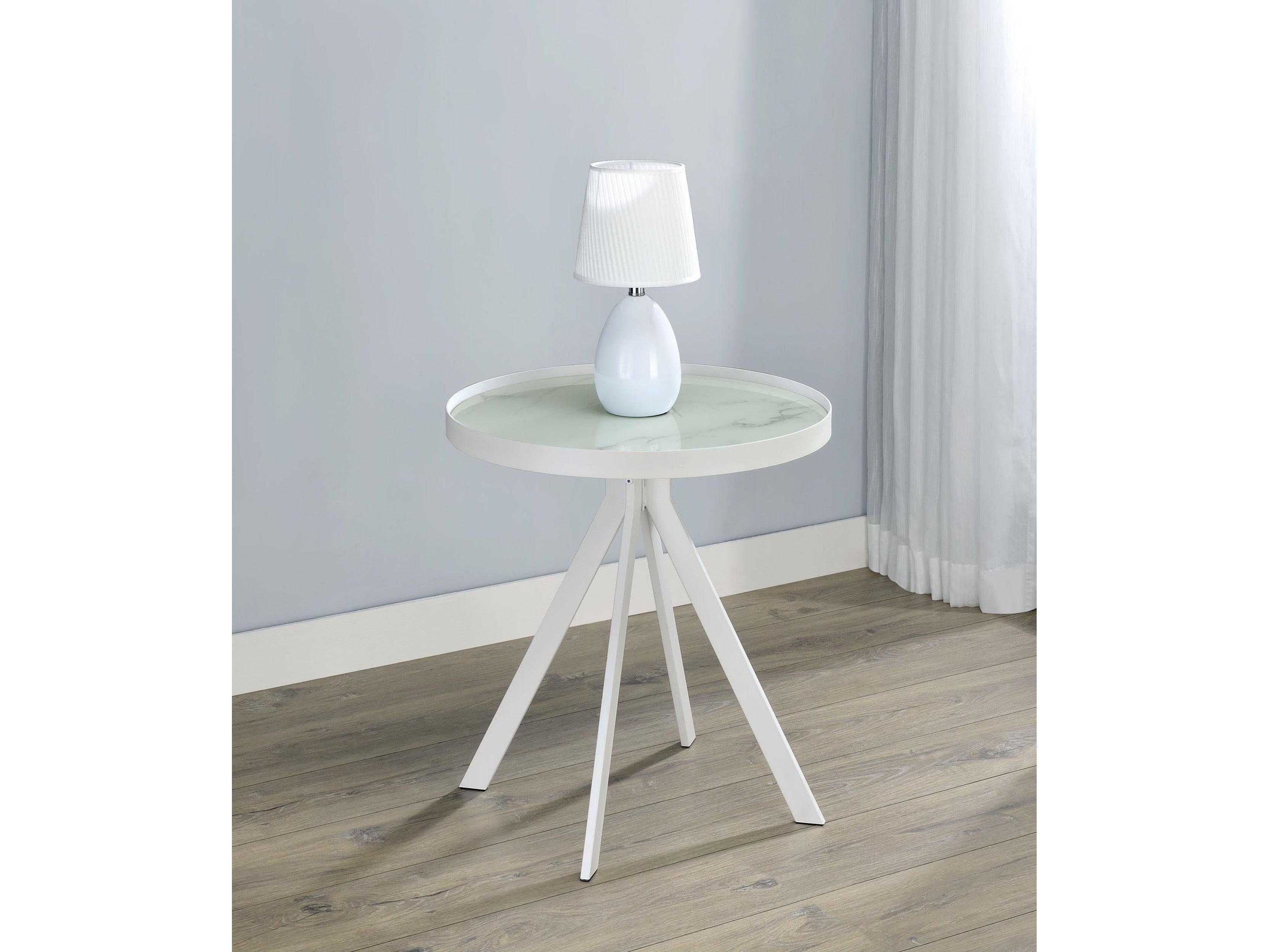 Briggs Round Marble Printed Glass Top End Side Table White