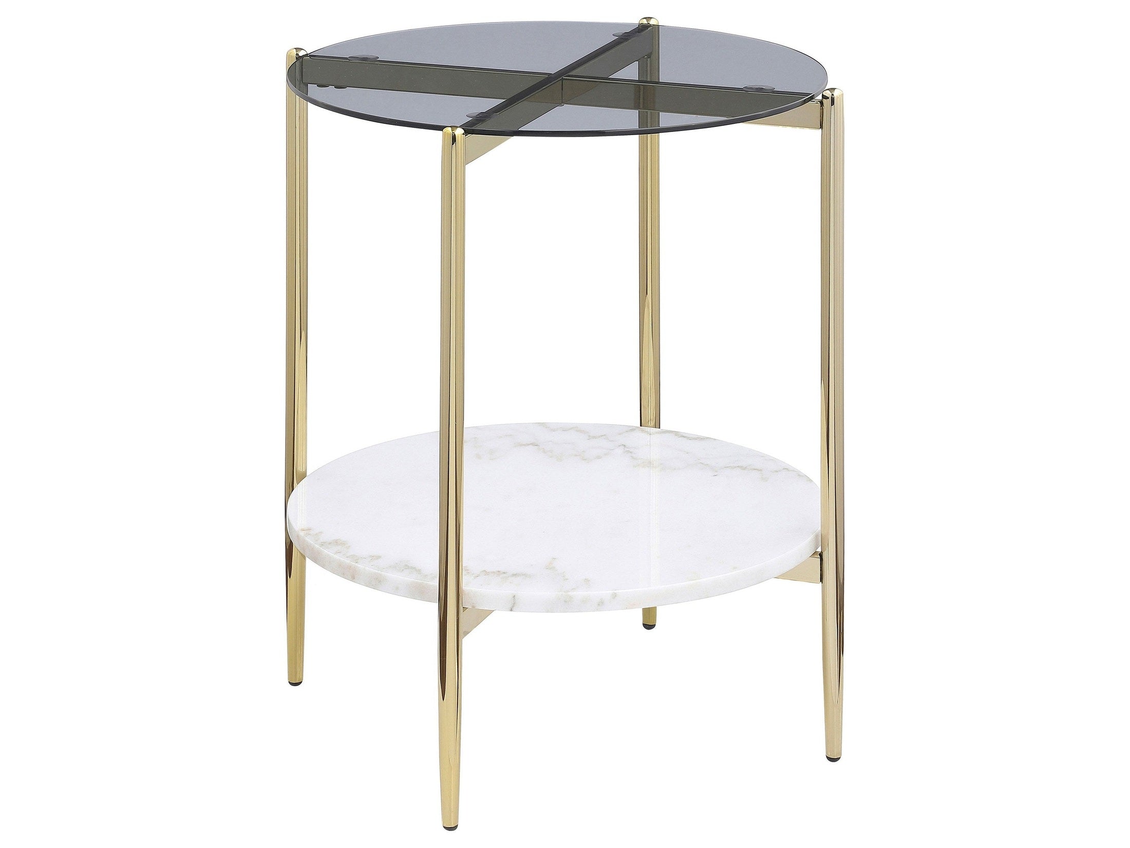 Jonelle Round Glass Top End Table White Marble Shelf Gold