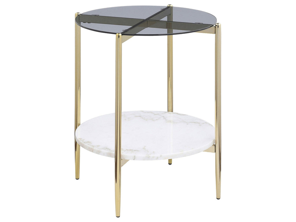 Jonelle Round Glass Top Coffee Table White Marble Shelf Gold