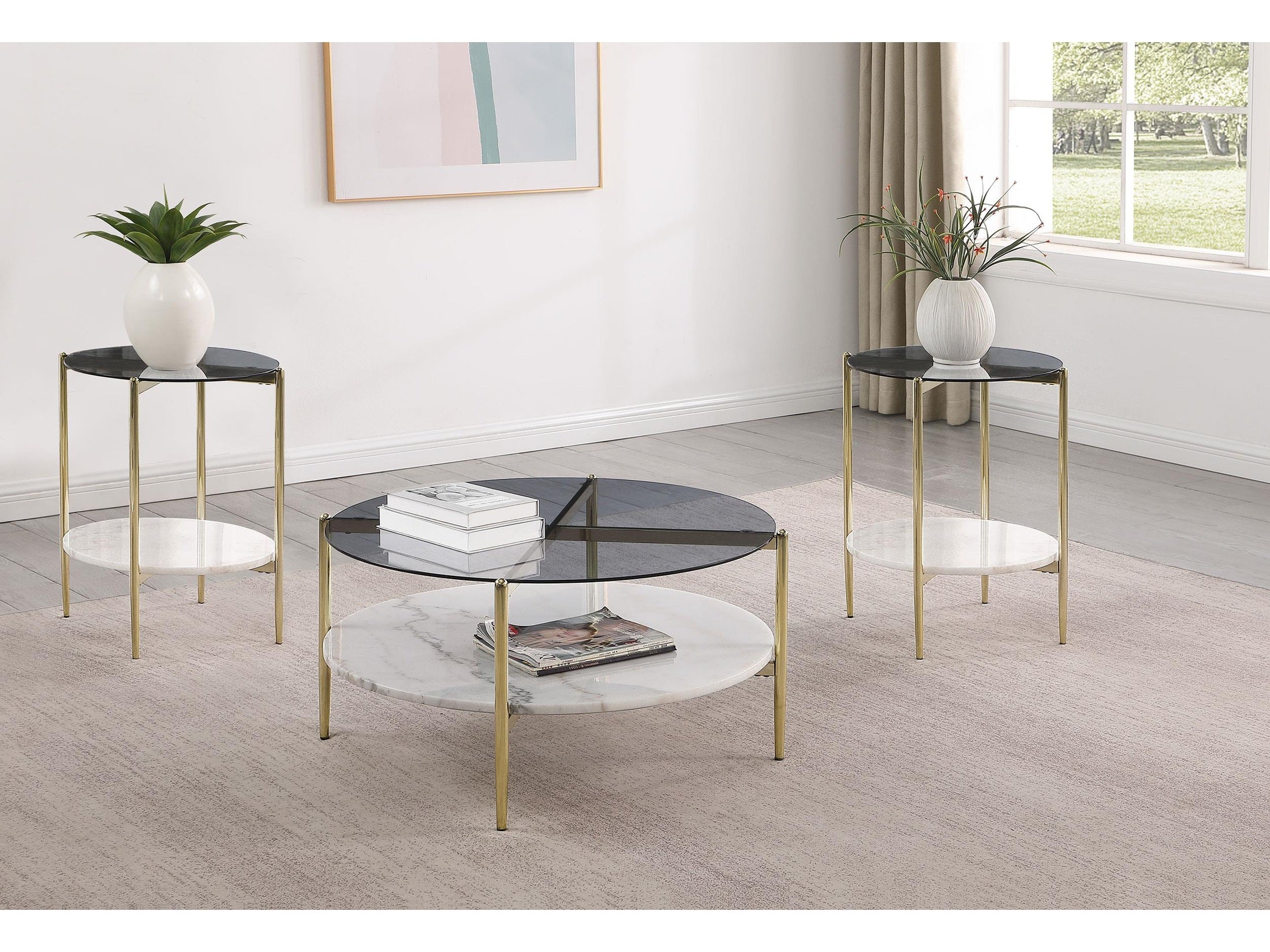Jonelle Round Glass Top Coffee Table White Marble Shelf Gold