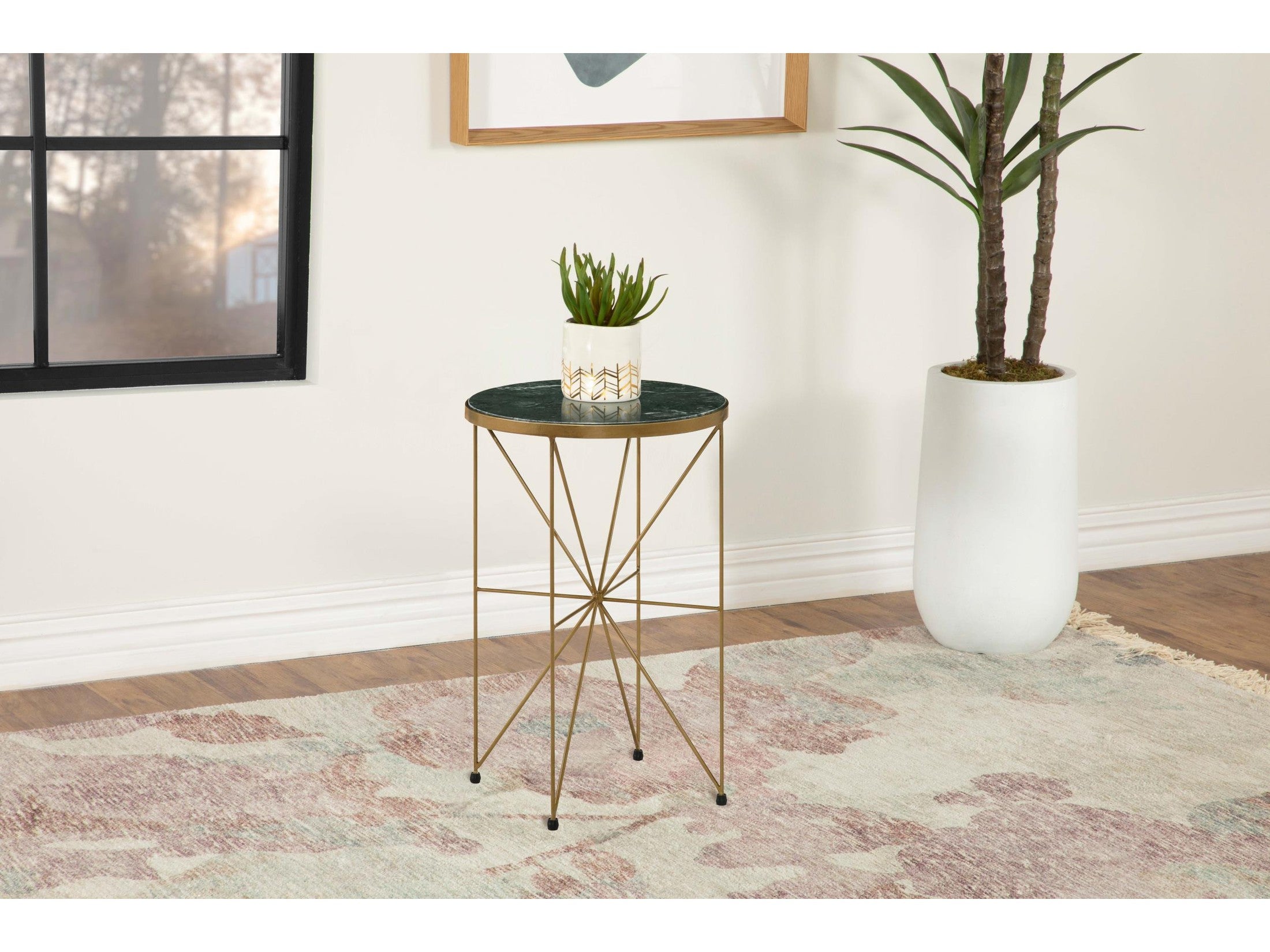 Eliska Round Green Marble Top Accent Side Table Antique Gold