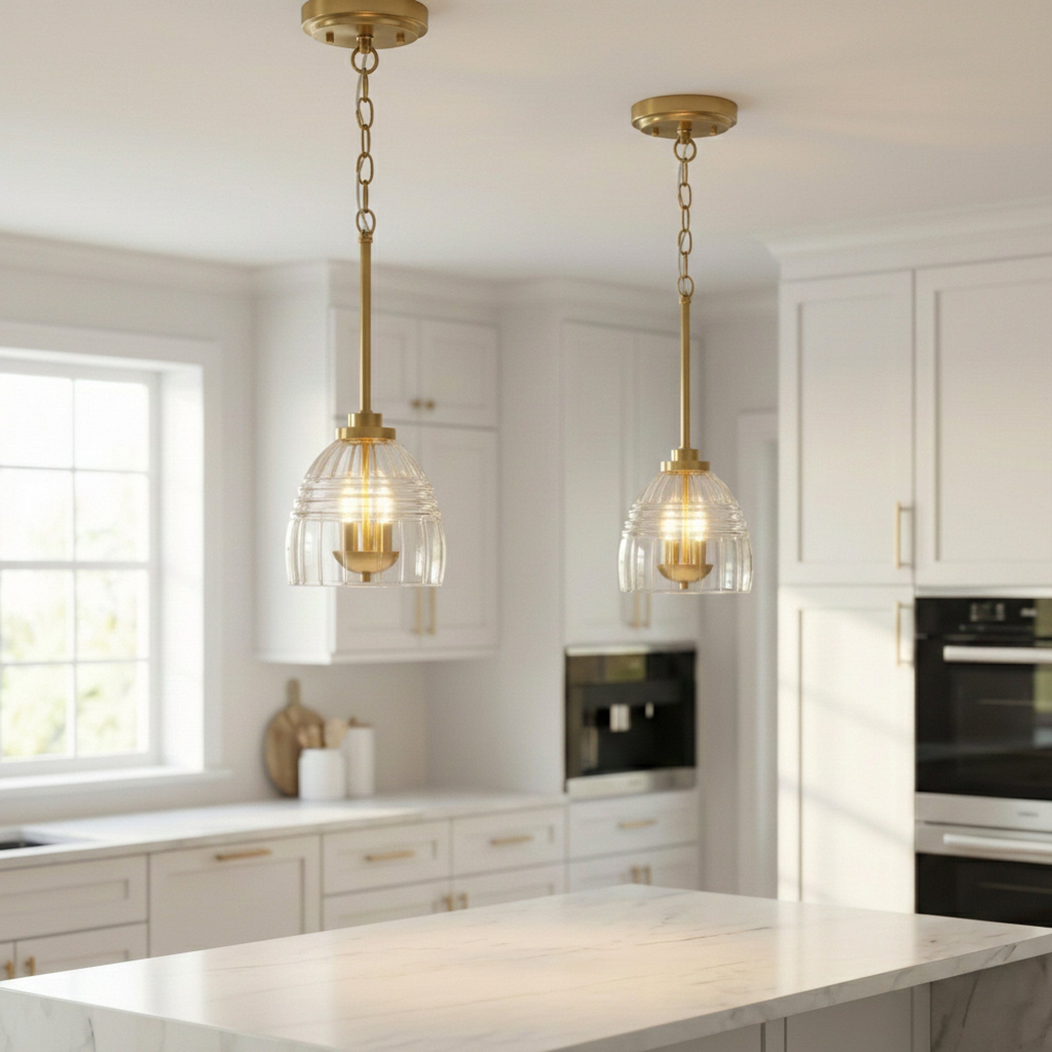 Ember Three Candle Lights Chain Pendant With Clear Glass - Satin Brass