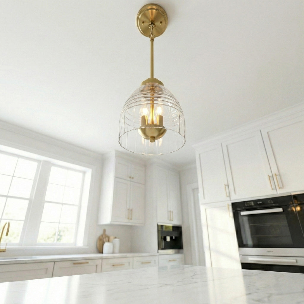 Ember Three Candle Lights Chain Pendant With Clear Glass - Satin Brass