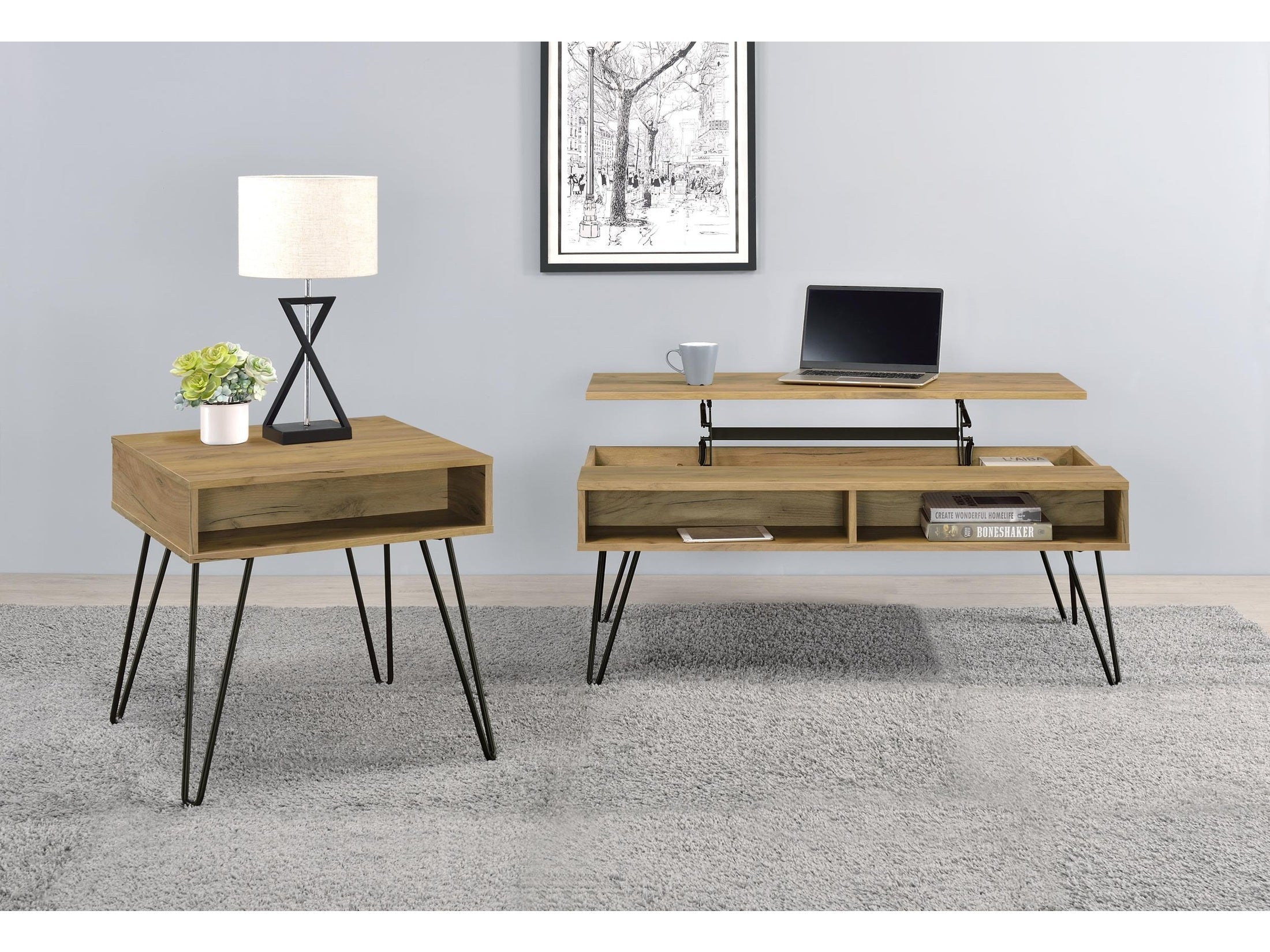 Fanning Engineered Wood Lift Top Coffee Table Golden Oak