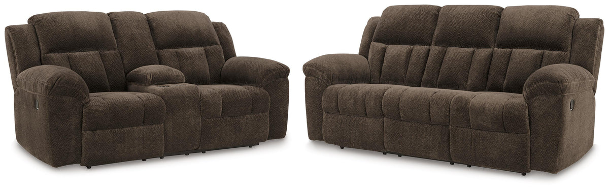 Frohn Chocolate reclining sofa and loveseat set on white background