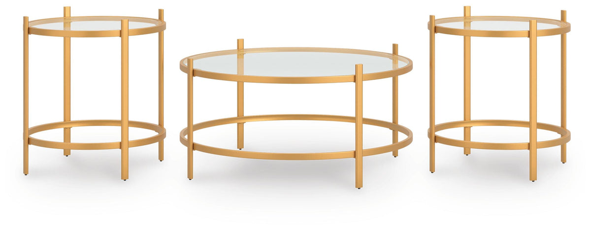 Gold three-piece occasional table set on white background