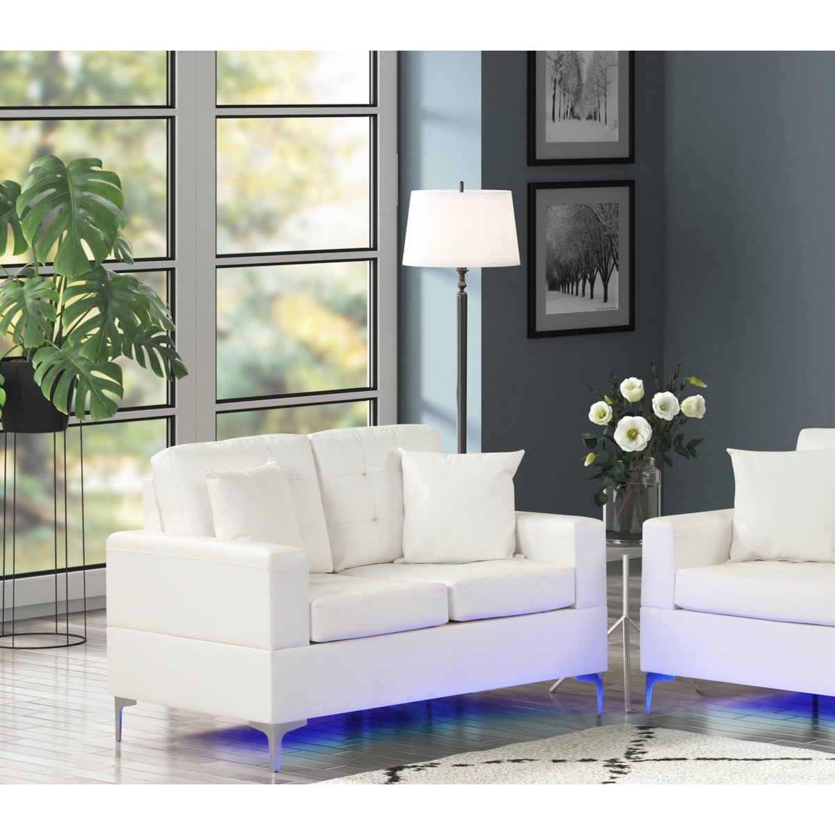 Miami White - Sofa and Loveseat Set (LED Lights) — Exact product detail: Left-side detail
