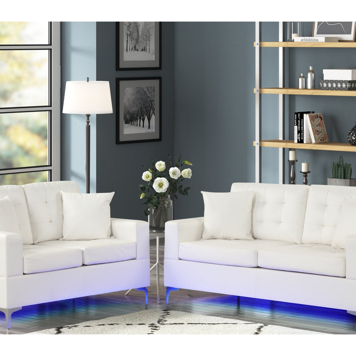 Miami White Sofa and Loveseat Set — LED Lights