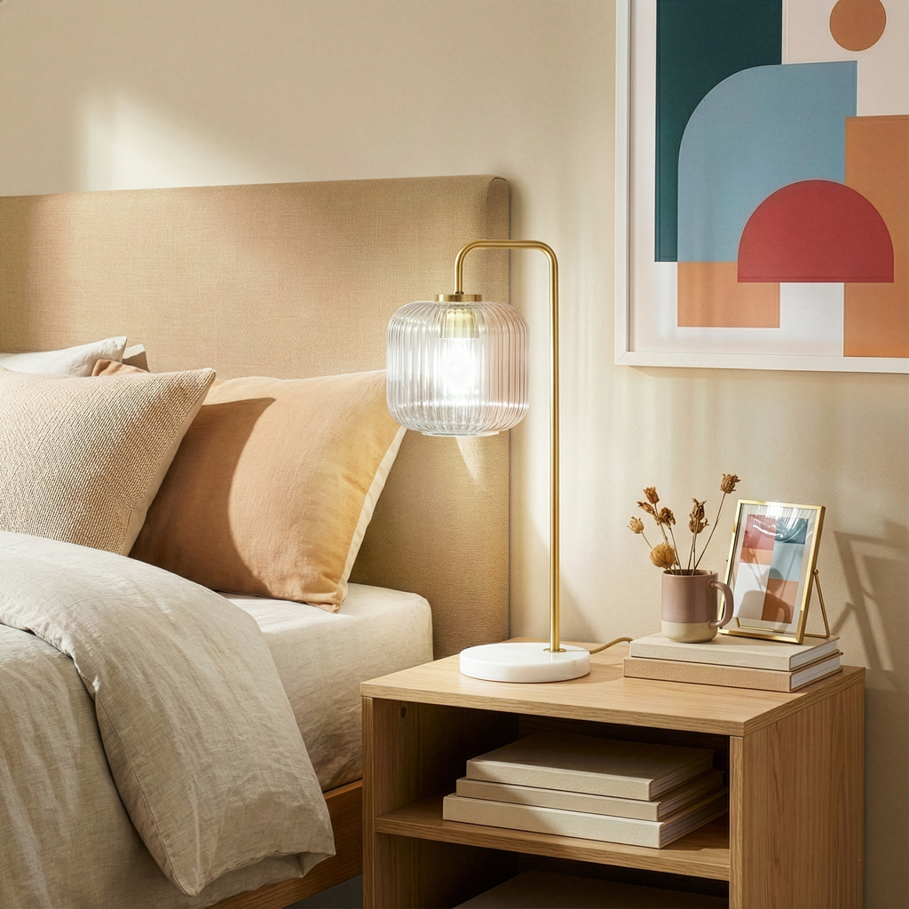 Haven Clear Glass Table Lamp, Gold Brush Metal and Marble Base, Button Control
