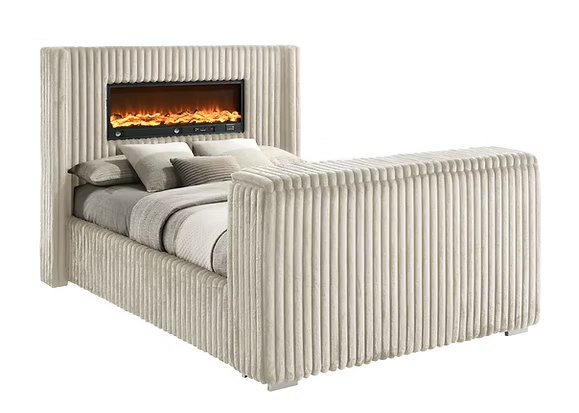 Henley cream bed with fireplace headboard on a white background