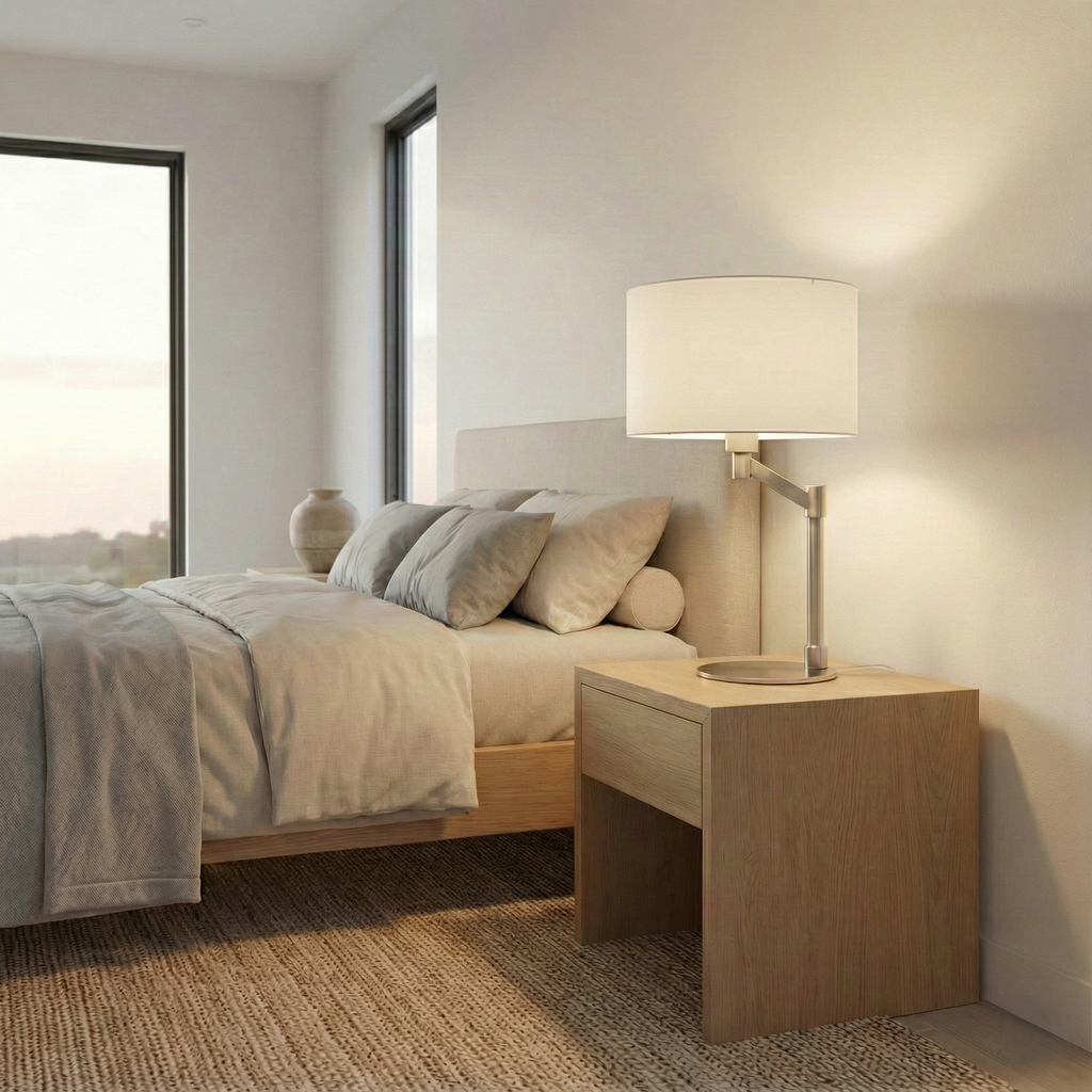 Horizon Brushed Nickel Table Lamp with On/Off Switch Curved Metal Base Linen Shade
