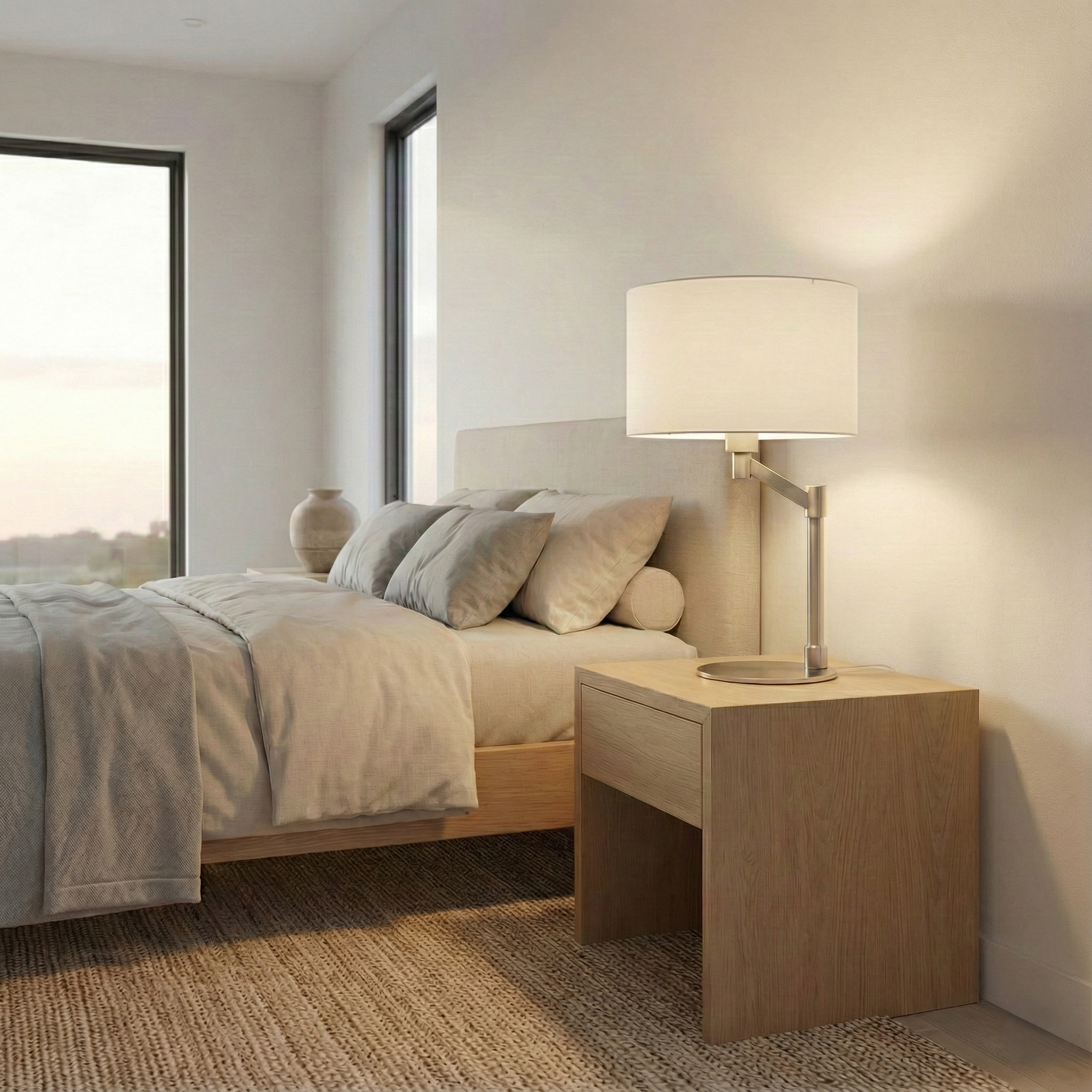 Horizon Brushed Nickel Table Lamp with On/Off Switch Curved Metal Base Linen Shade