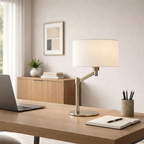 Horizon Brushed Nickel Table Lamp with On/Off Switch Curved Metal Base Linen Shade