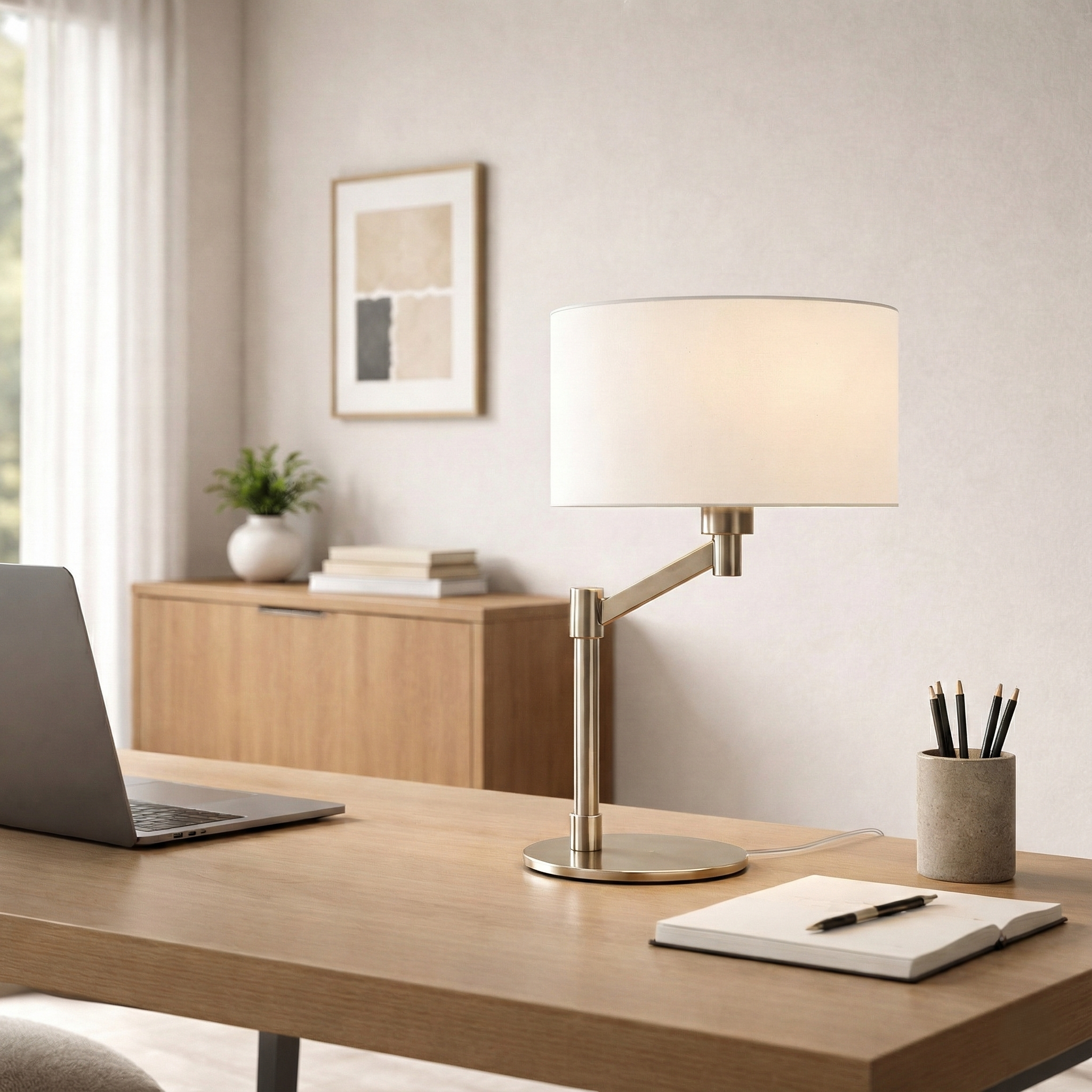 Horizon Brushed Nickel Table Lamp with On/Off Switch Curved Metal Base Linen Shade