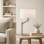 Horizon Brushed Nickel Table Lamp with On/Off Switch Curved Metal Base Linen Shade