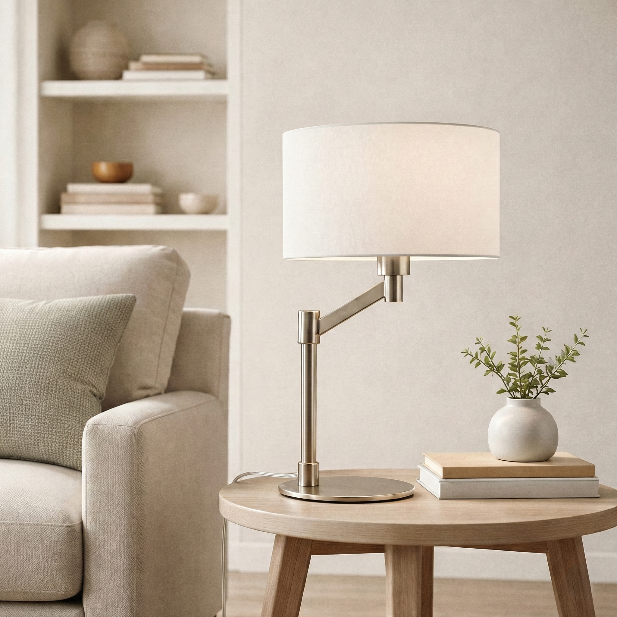 Horizon Brushed Nickel Table Lamp with On/Off Switch Curved Metal Base Linen Shade