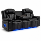 Innova black reclining sofa with blue LED lighting on white background