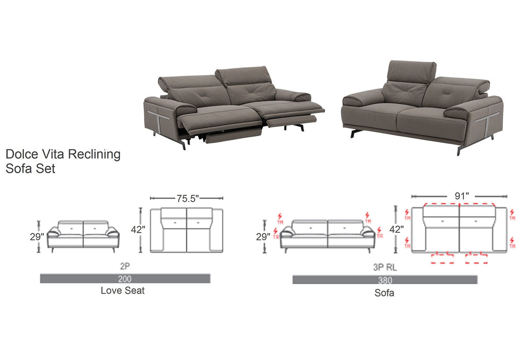 Dolce Vita Leather Power Reclining Sofa in Milk Tea