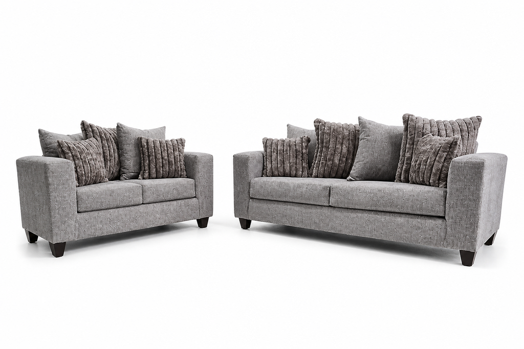 Kora smoke sofa and loveseat on white background
