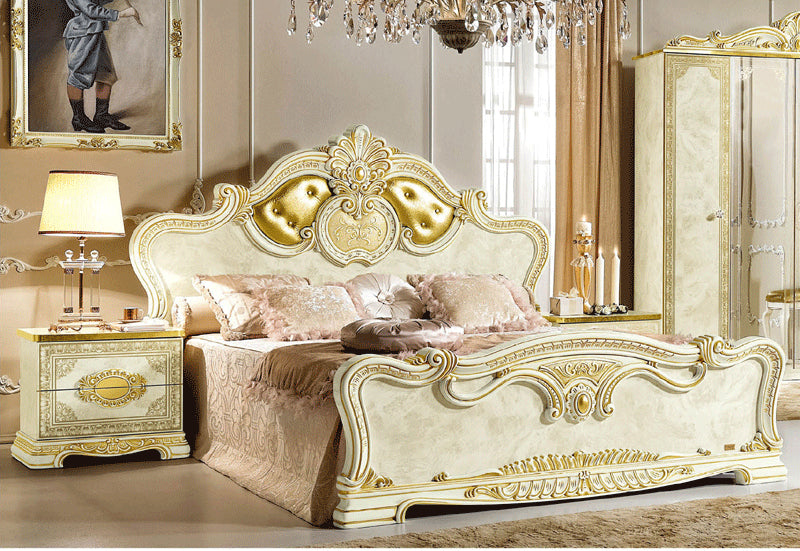 ESF Furniture - Leonardo King Panel Bed in Ivory-Gold - LEONARDOBEDK.S.