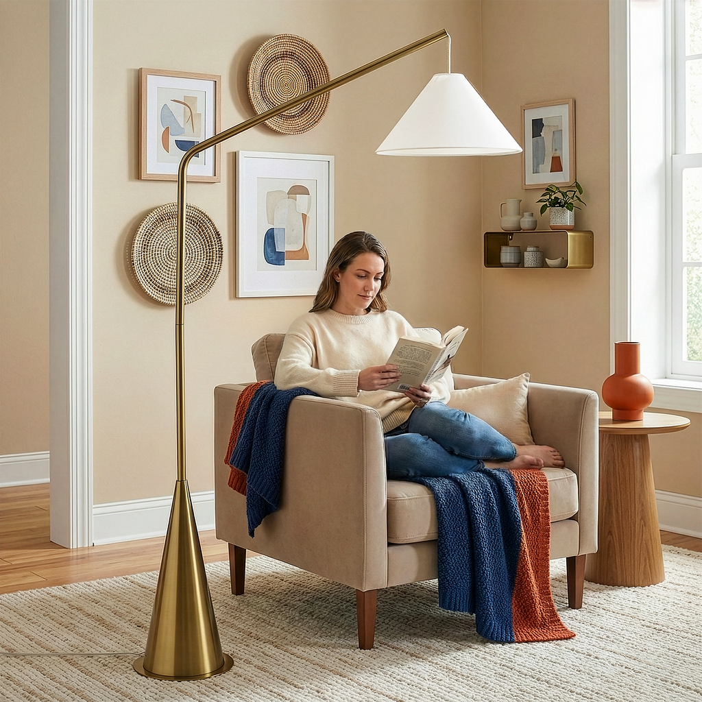 Lisbon Floor Lamp with On/Off Switch Coned Base Hanging White Shade