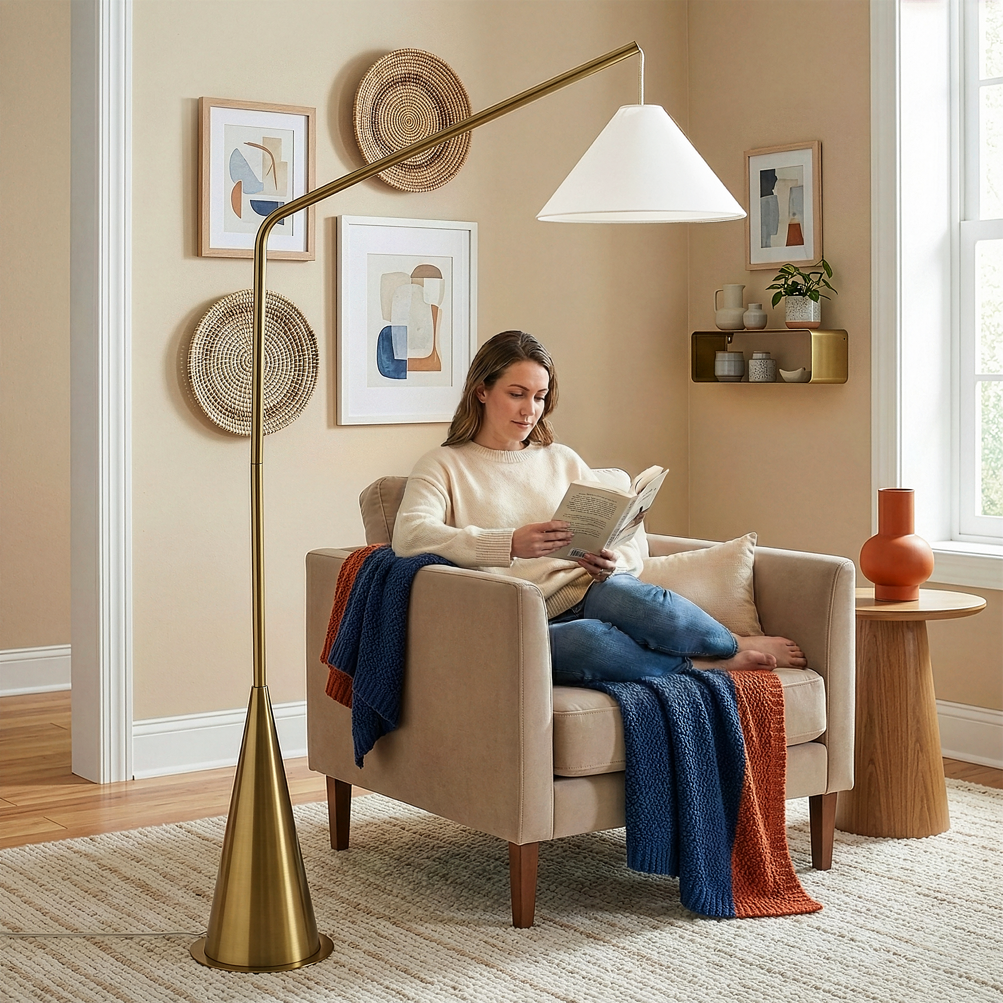 Lisbon Floor Lamp with On/Off Switch Coned Base Hanging White Shade