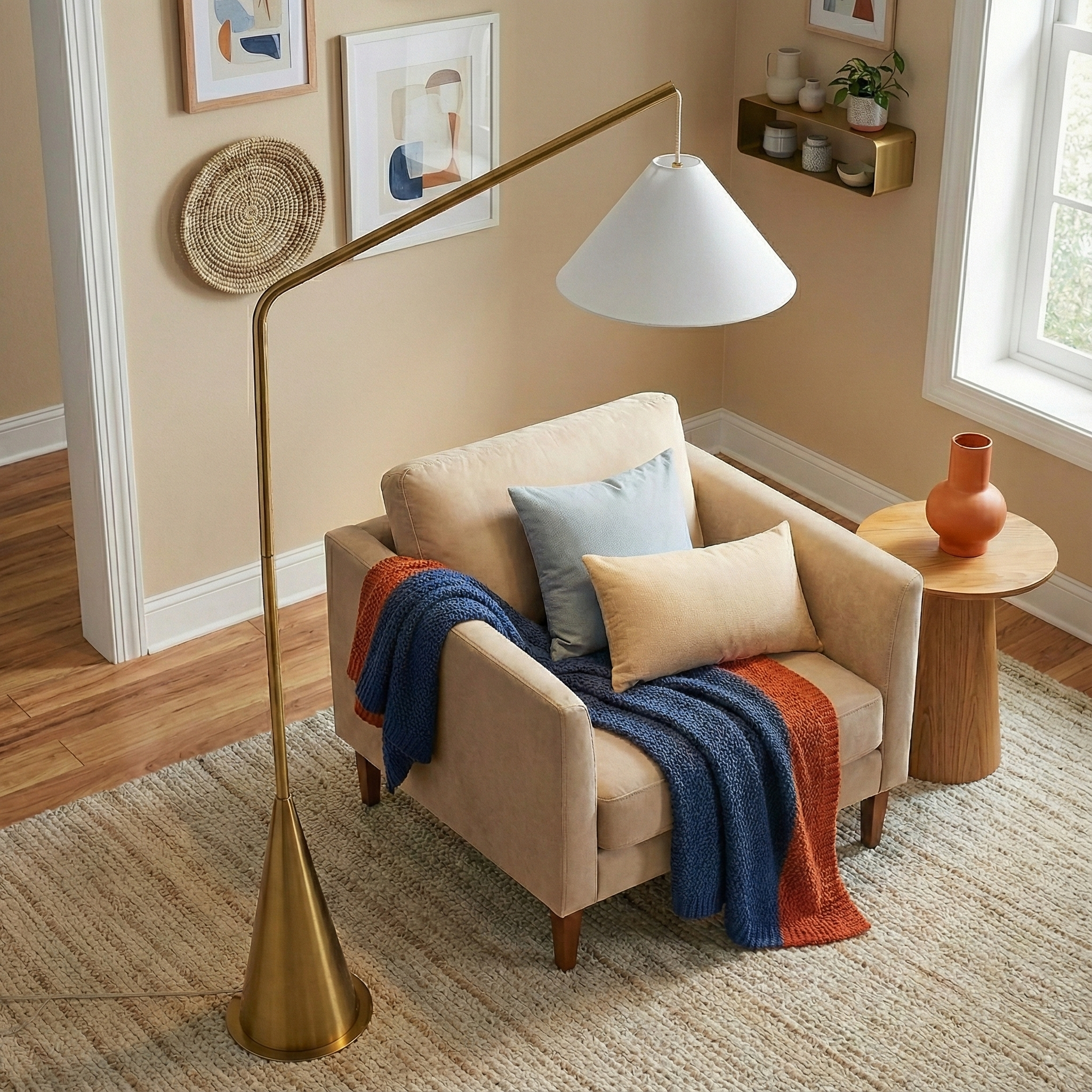 Lisbon Floor Lamp with On/Off Switch Coned Base Hanging White Shade