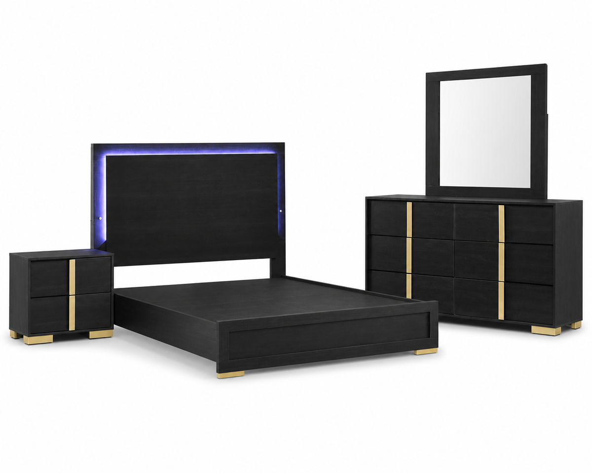 Aubrey black and champagne-gold LED four-piece bedroom set on white background