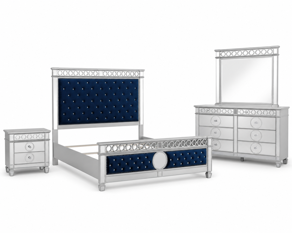 Bella silver and navy-blue velvet four-piece bedroom set on white background