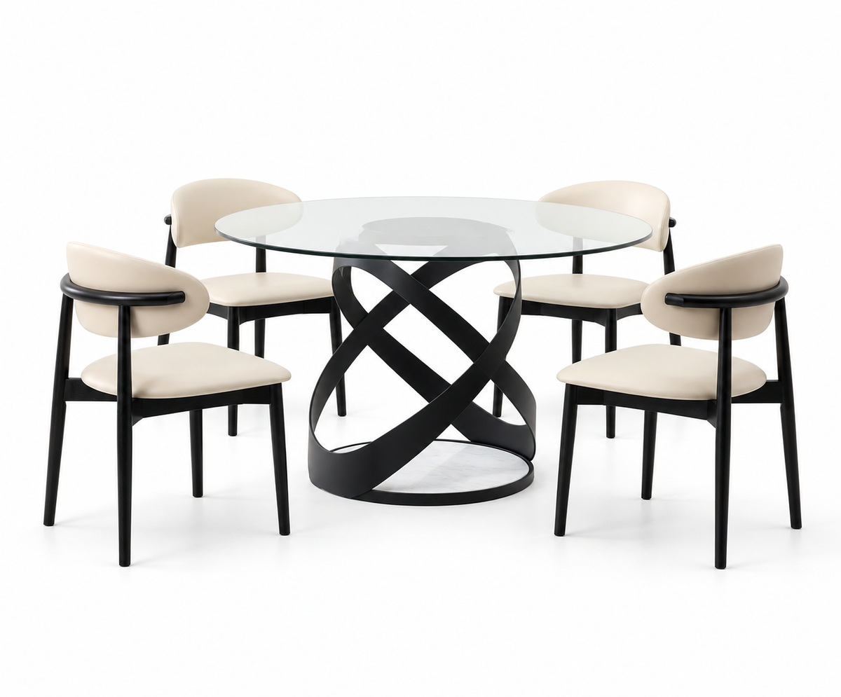 Dimi clear-glass and black five-piece dining set on white background