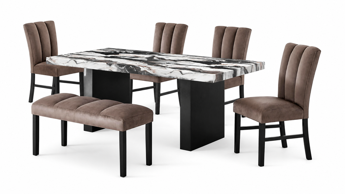 Cosmo faux-marble dining table, chairs and bench on white background