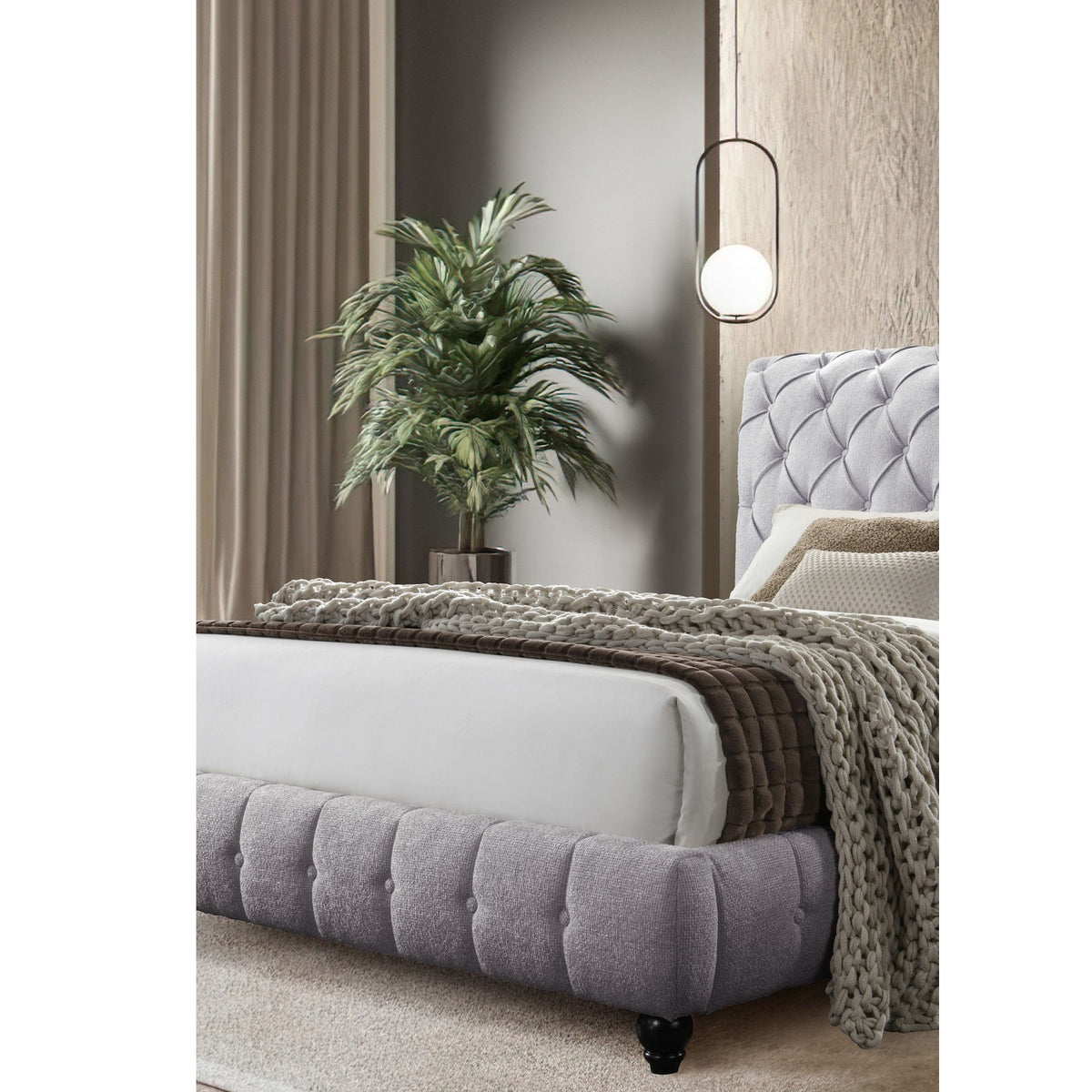 Everly Grey Bed — Exact product detail: Left-side detail