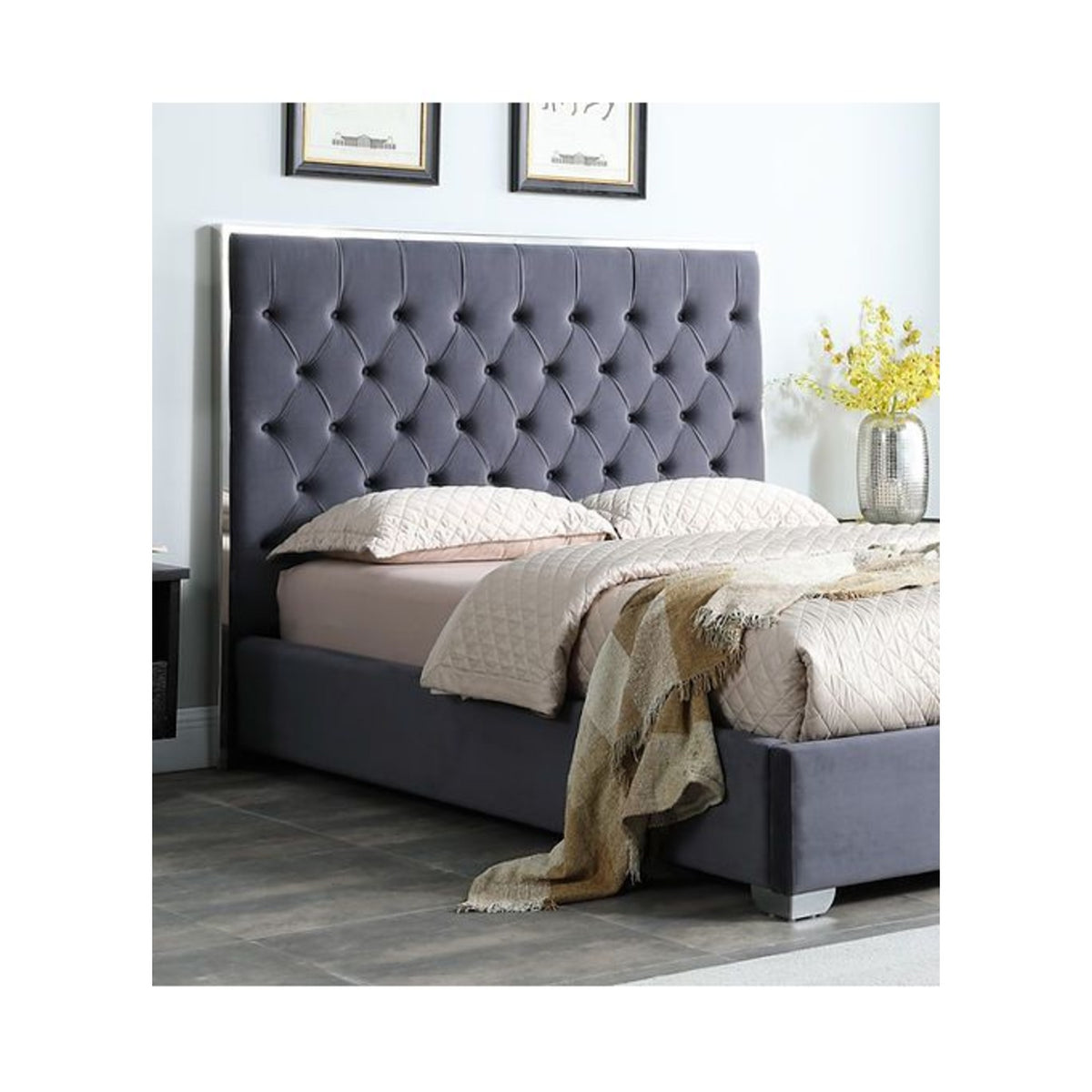 Rose Grey 55"H Bed — Exact product detail: Left-side detail