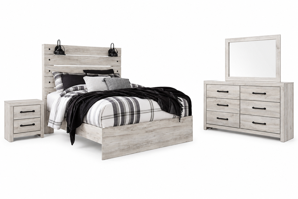 Cambeck whitewash four-piece bedroom set: bed, nightstand, dresser and mirror
