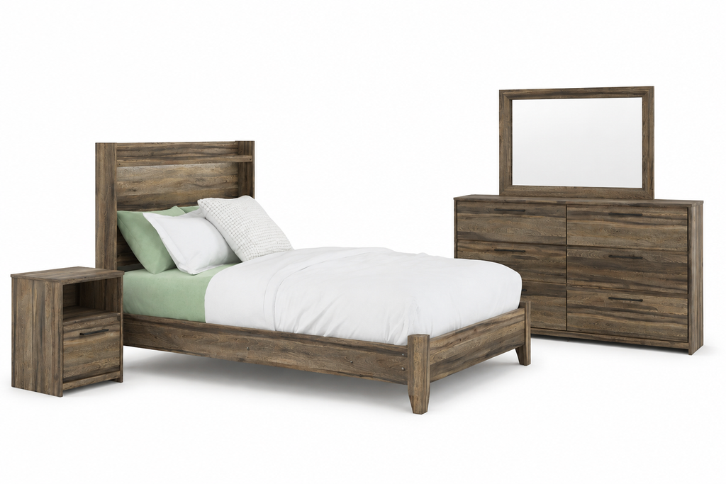 Elbrim brown four-piece bedroom set: bed, nightstand, dresser and mirror