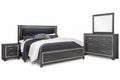 Lodana gray upholstered four-piece bedroom set: bed, nightstand, dresser and mirror