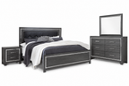 Lodana gray upholstered four-piece bedroom set: bed, nightstand, dresser and mirror
