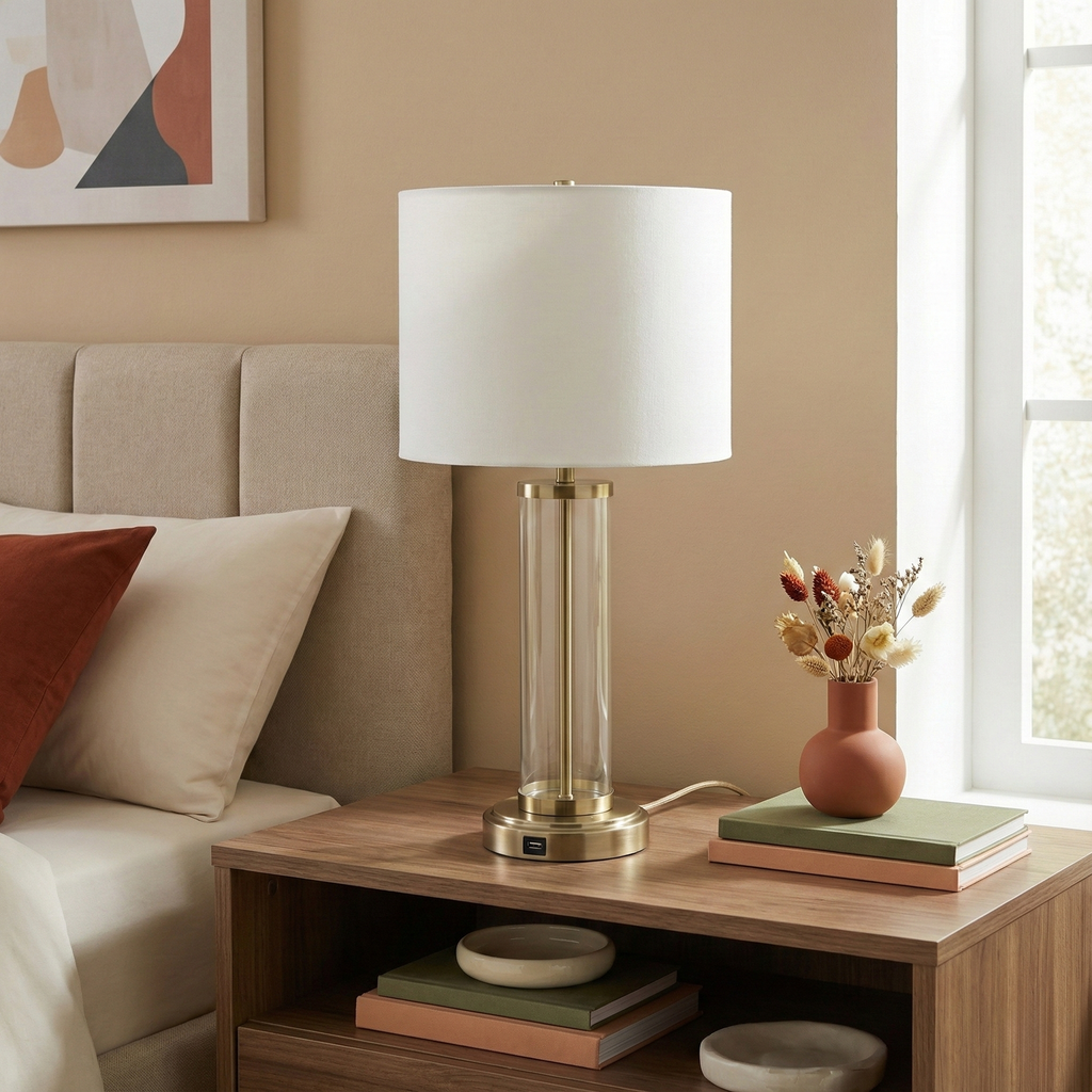 Luna Brushed Nickel Table Lamp with On/Off Switch Clear Glass Body Metal Base