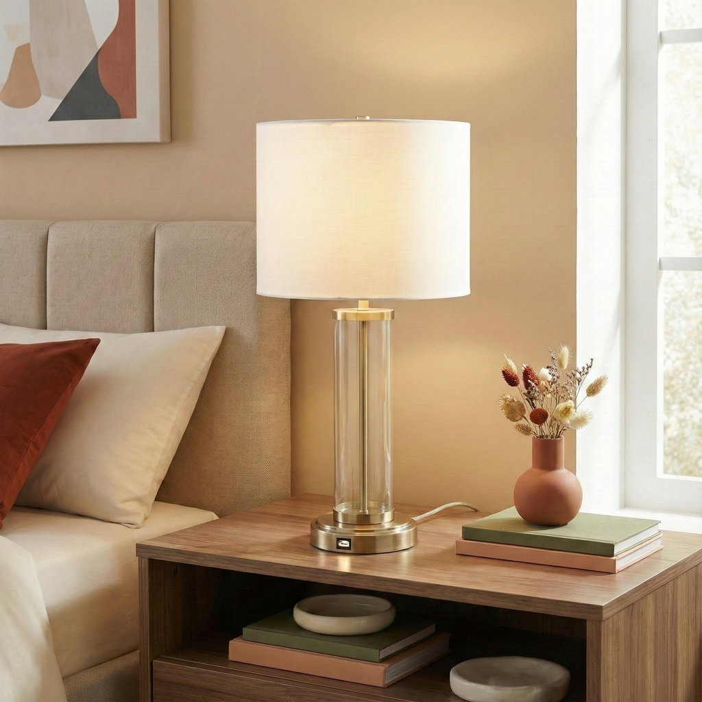 Luna Brushed Nickel Table Lamp with On/Off Switch Clear Glass Body Metal Base