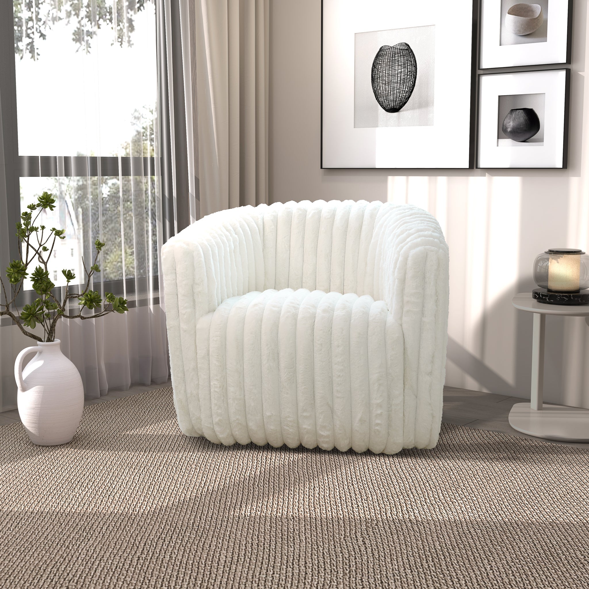 Mira White Soft Plush Fabric Swivel Chair