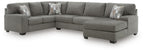 Newellen Greystone 3-piece sleeper sectional with chaise on white background