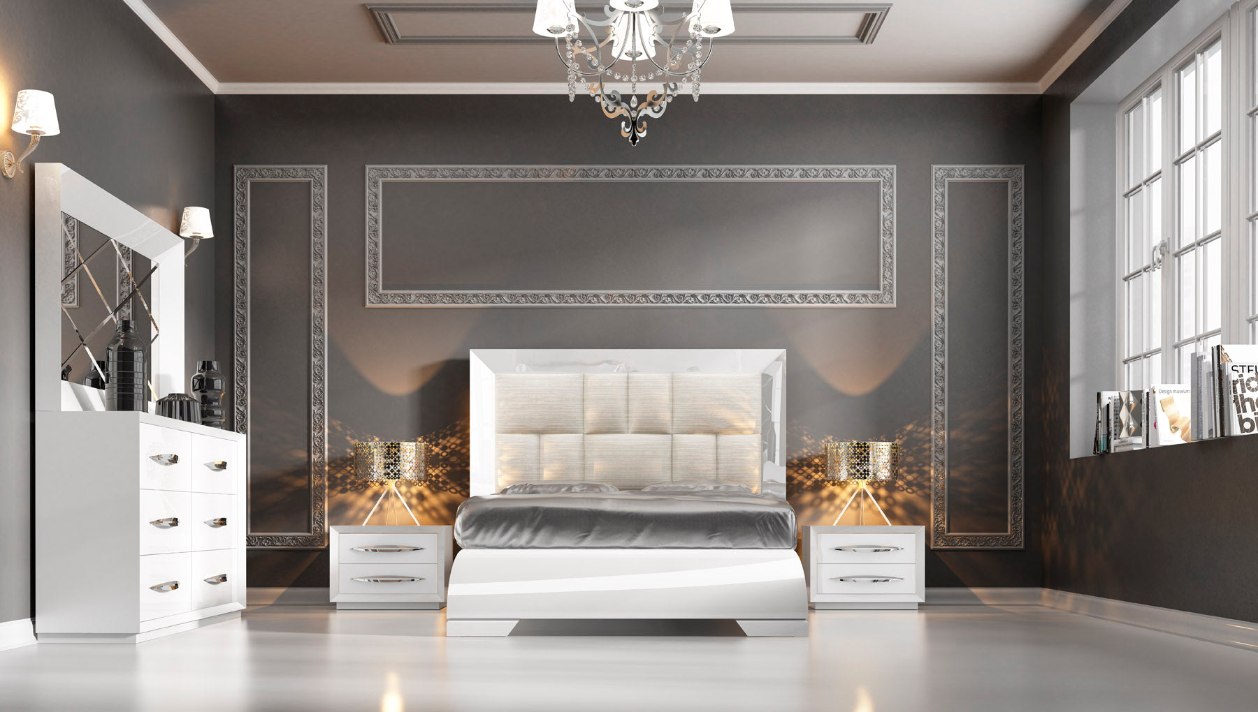 ESF Furniture - Carmen 5 Piece Bedroom King Bed Set in White - CARMENBEDKSWHITE-5SET