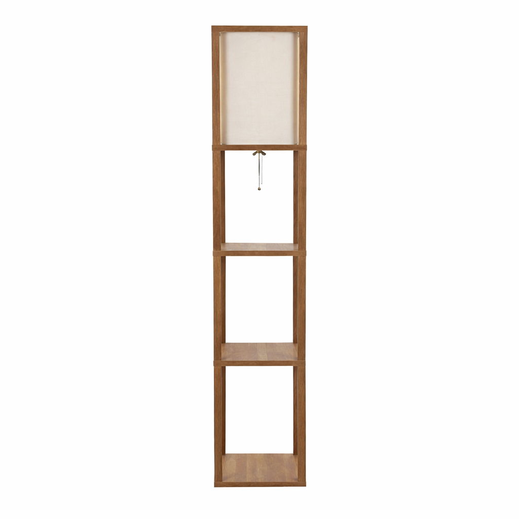 Pinnacle Shelf Floor Lamp For Bedroom/Living Room, Natural Wood with Long Shade