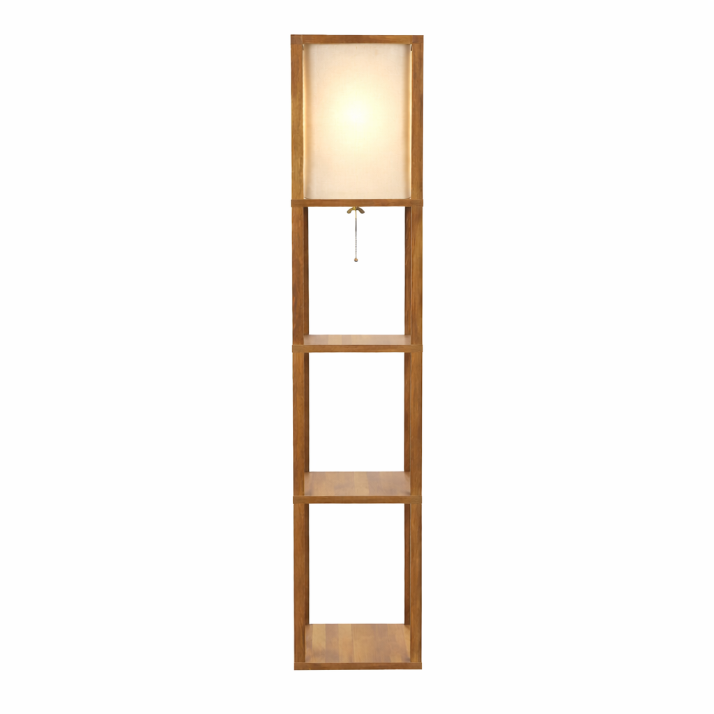 Pinnacle Shelf Floor Lamp For Bedroom/Living Room, Natural Wood with Long Shade