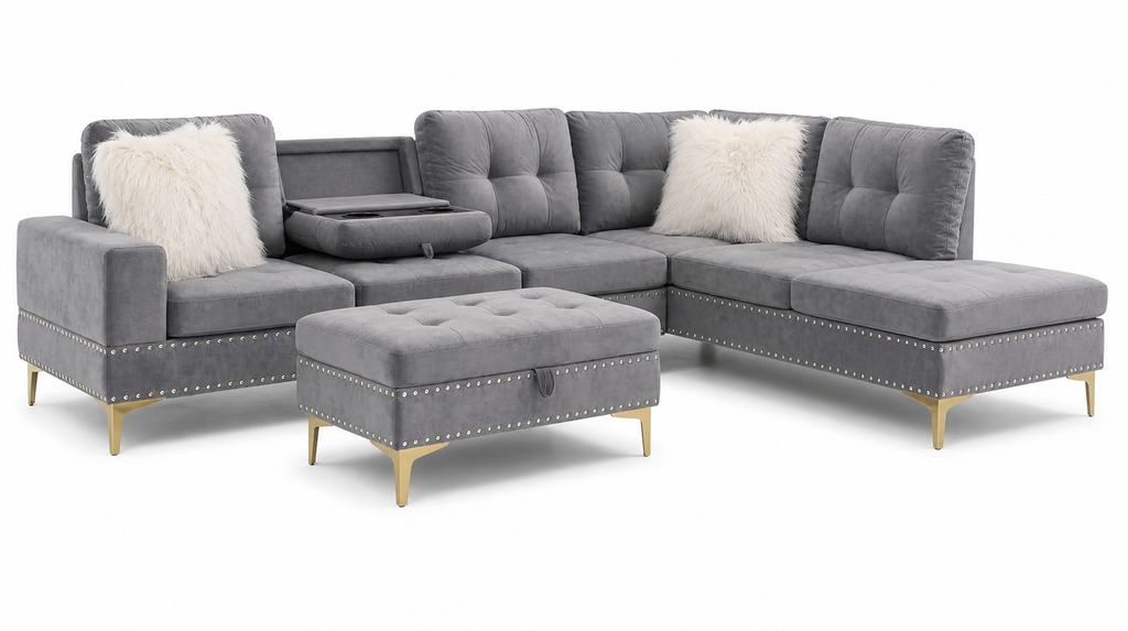 Joy II gray velvet sectional with drop-down console and storage ottoman