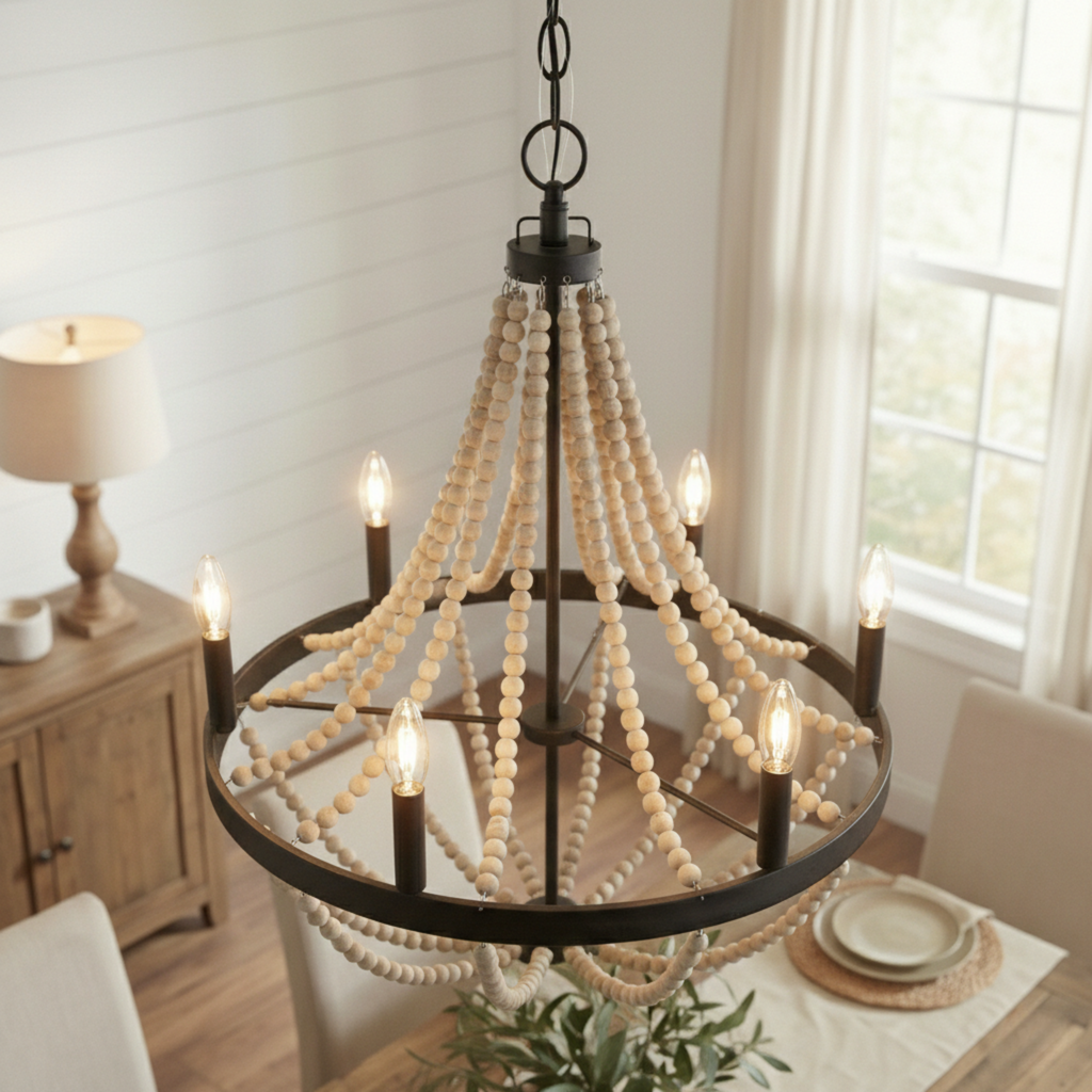 Starry Wood Chandelier Farmhouse Six Candle Light Wood Beaded Black Pendant Light