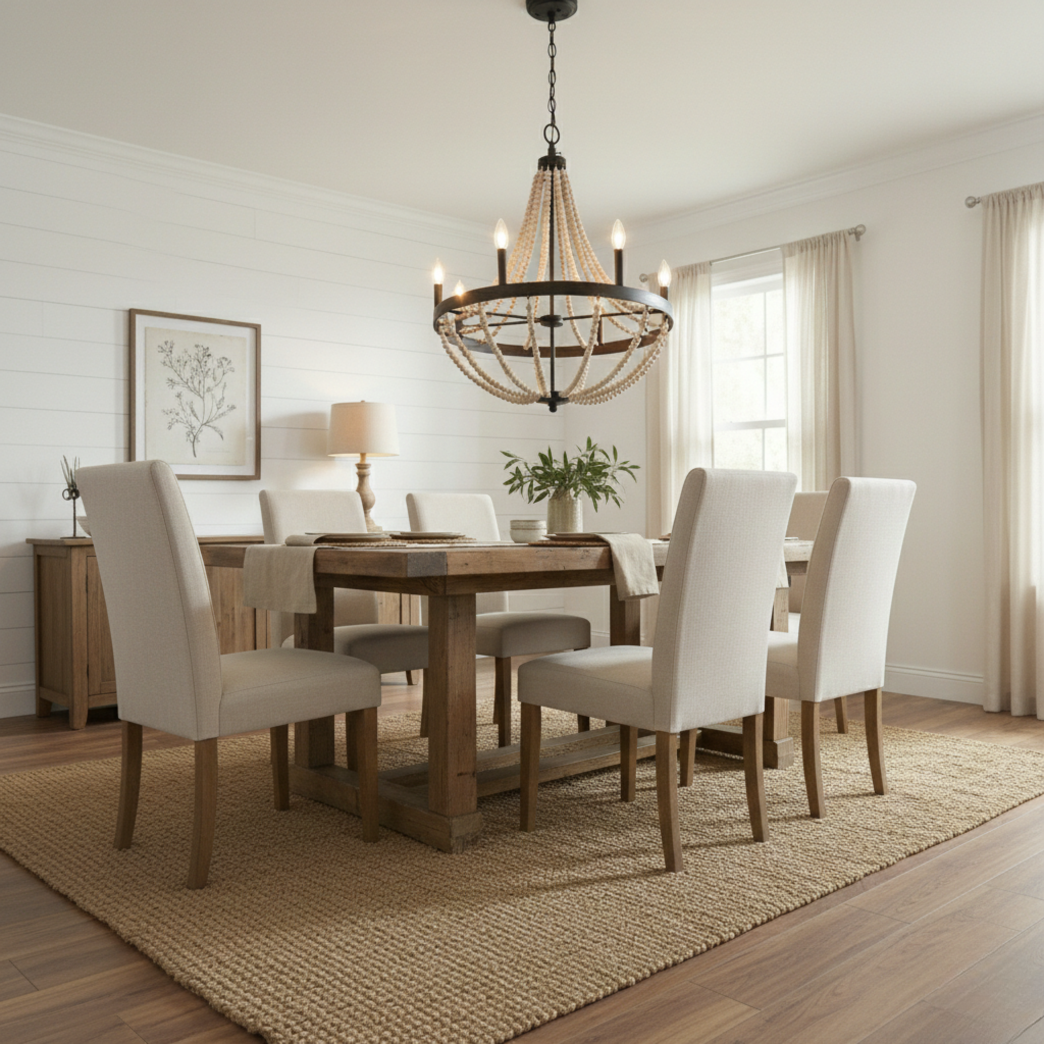 Starry Wood Chandelier Farmhouse Six Candle Light Wood Beaded Black Pendant Light